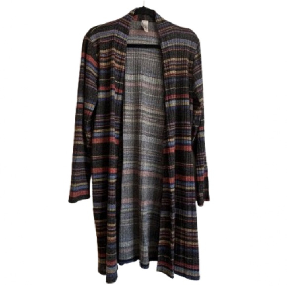 Long Open-Front Multistripe Cardigan in Black and Multicolor
